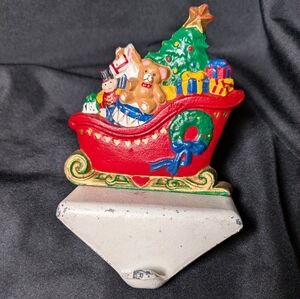Vintage 80s Enesco Cast Iron Stocking Holder Display Santas Sleigh Toys